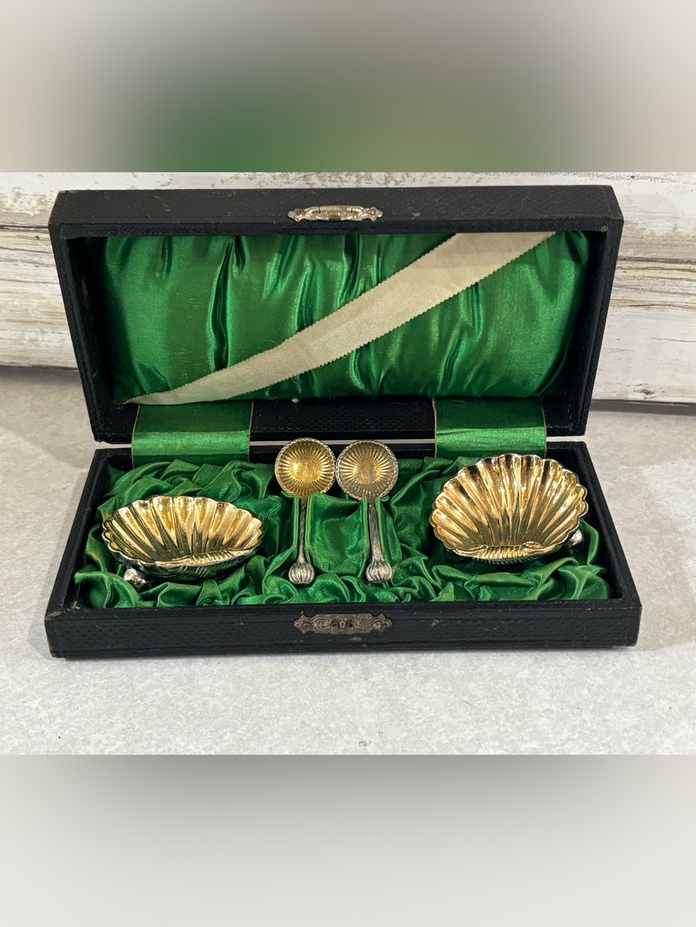 antique set of salt cellars with spoons gold washed silver